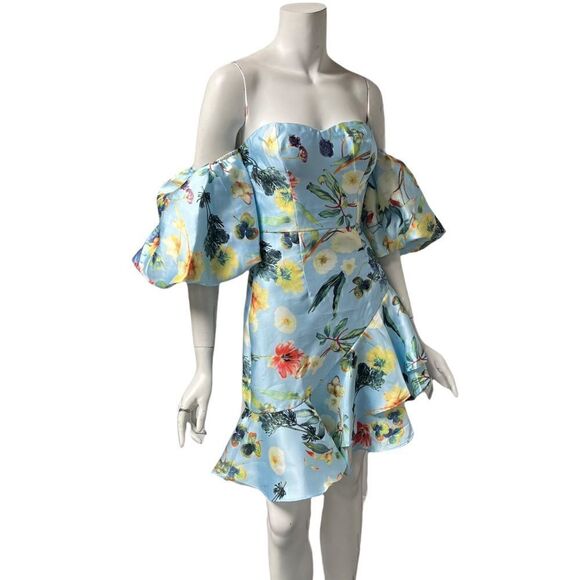 INA Blue Floral Puffy Off Shoulder Sleeve Dress - Picture 1 of 6